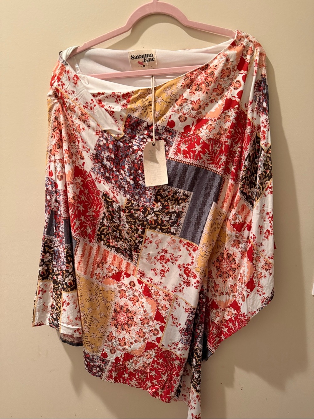 Savanna Jane Women's Patchwork Boho Tunic Top - Red, Yellow, Brown - Picture 2 of 6